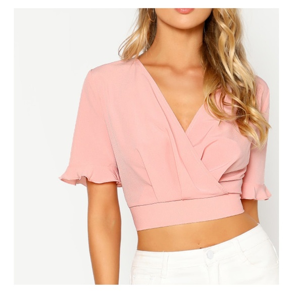 Pink V Neck Surplice Short Sleeve Crop Top - Picture 1 of 5
